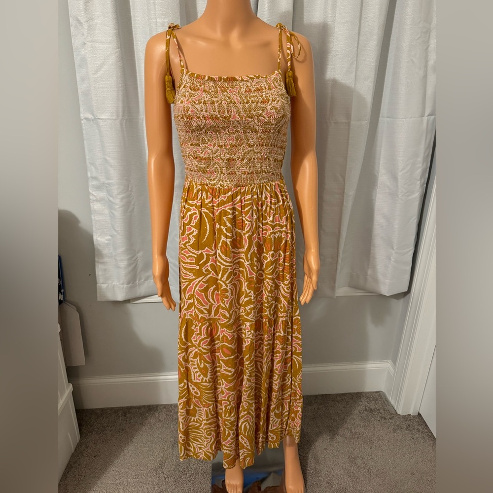 Cute Patrons of Peace size XS brown pink print smocked sleeveless midi dress new